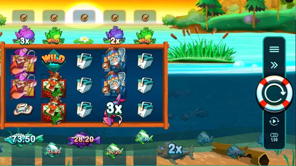 Tampilan visual ceria dari slot All About the Bass 2: Froggy Style dengan karakter katak dan nelayan.