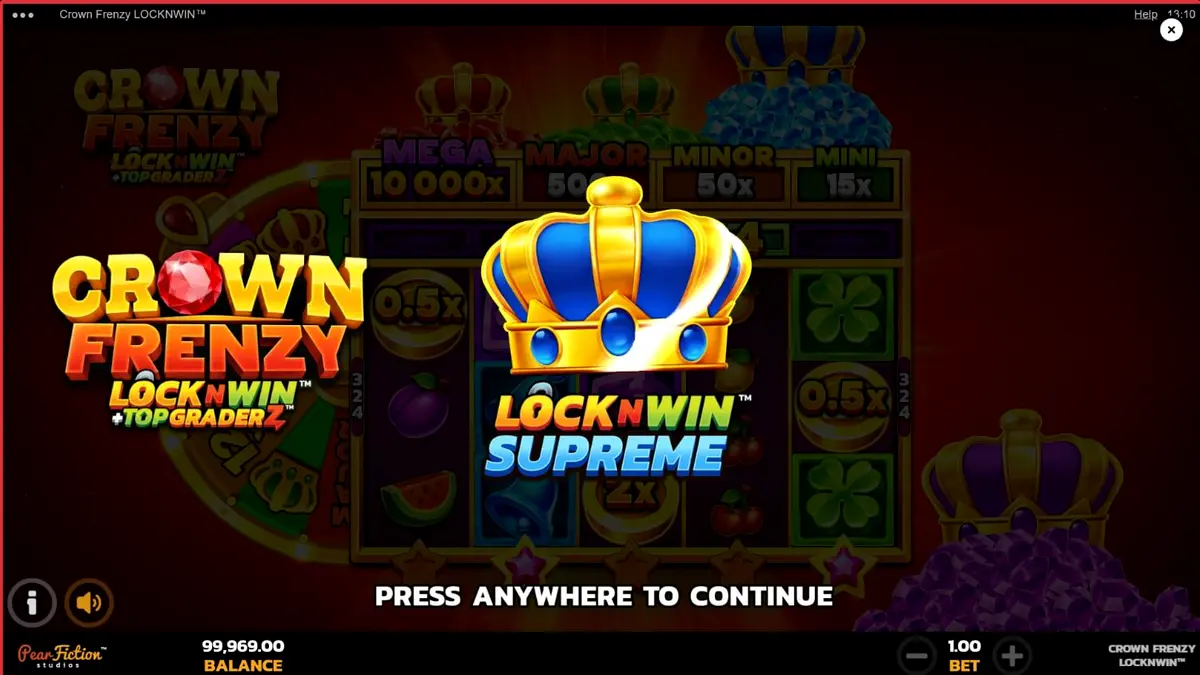 Crown Frenzy LockNWin slot game display with royal purple and gold theme